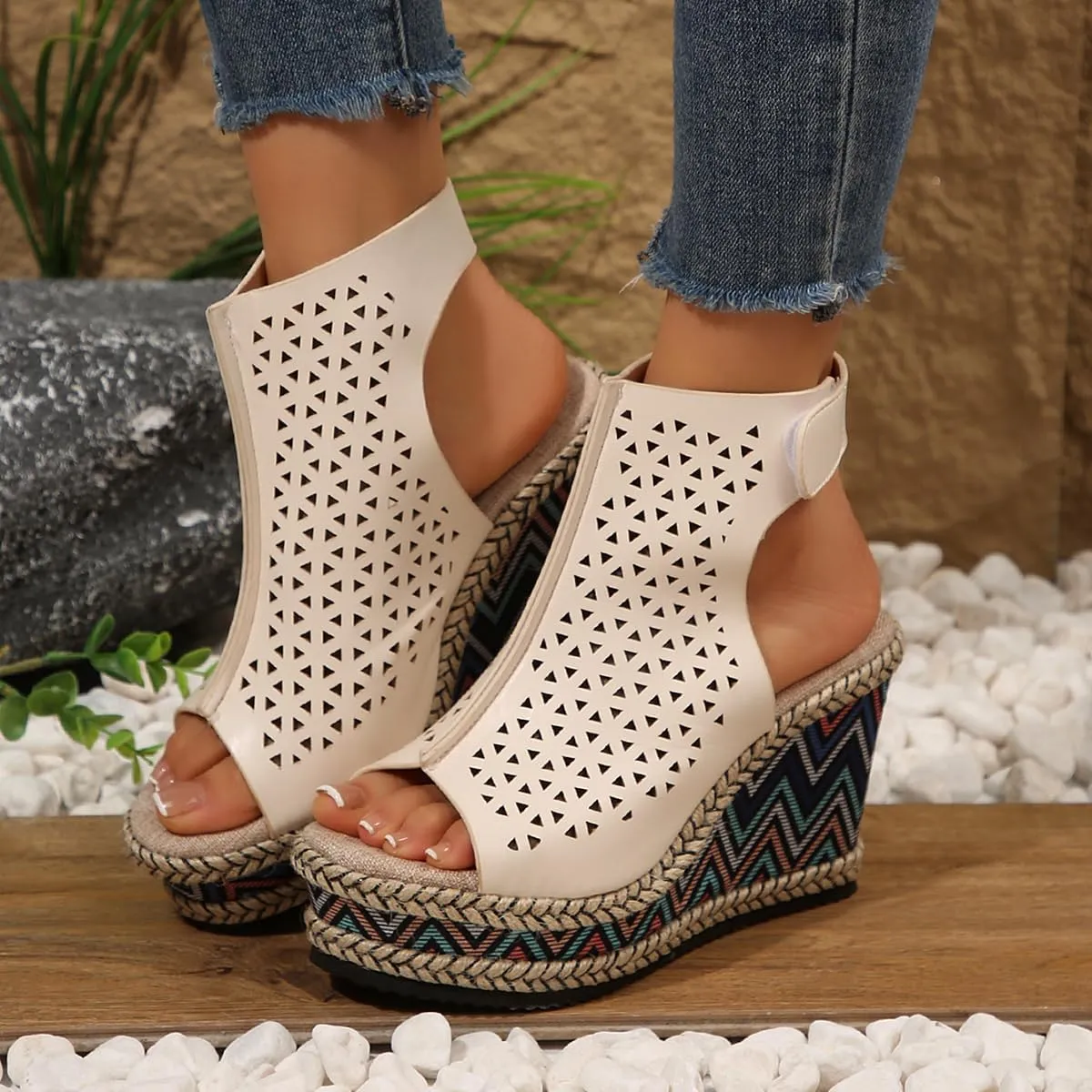 SACFOF Women's Cut Out Peep Toe Wedge Sandals Summer Slingback Ankle Booties Platform Wedge Heels Sandals