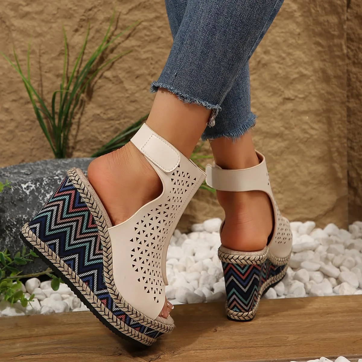SACFOF Women's Cut Out Peep Toe Wedge Sandals Summer Slingback Ankle Booties Platform Wedge Heels Sandals