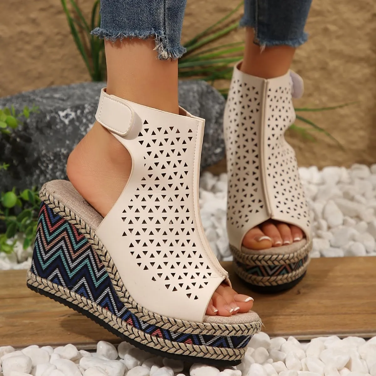 SACFOF Women's Cut Out Peep Toe Wedge Sandals Summer Slingback Ankle Booties Platform Wedge Heels Sandals