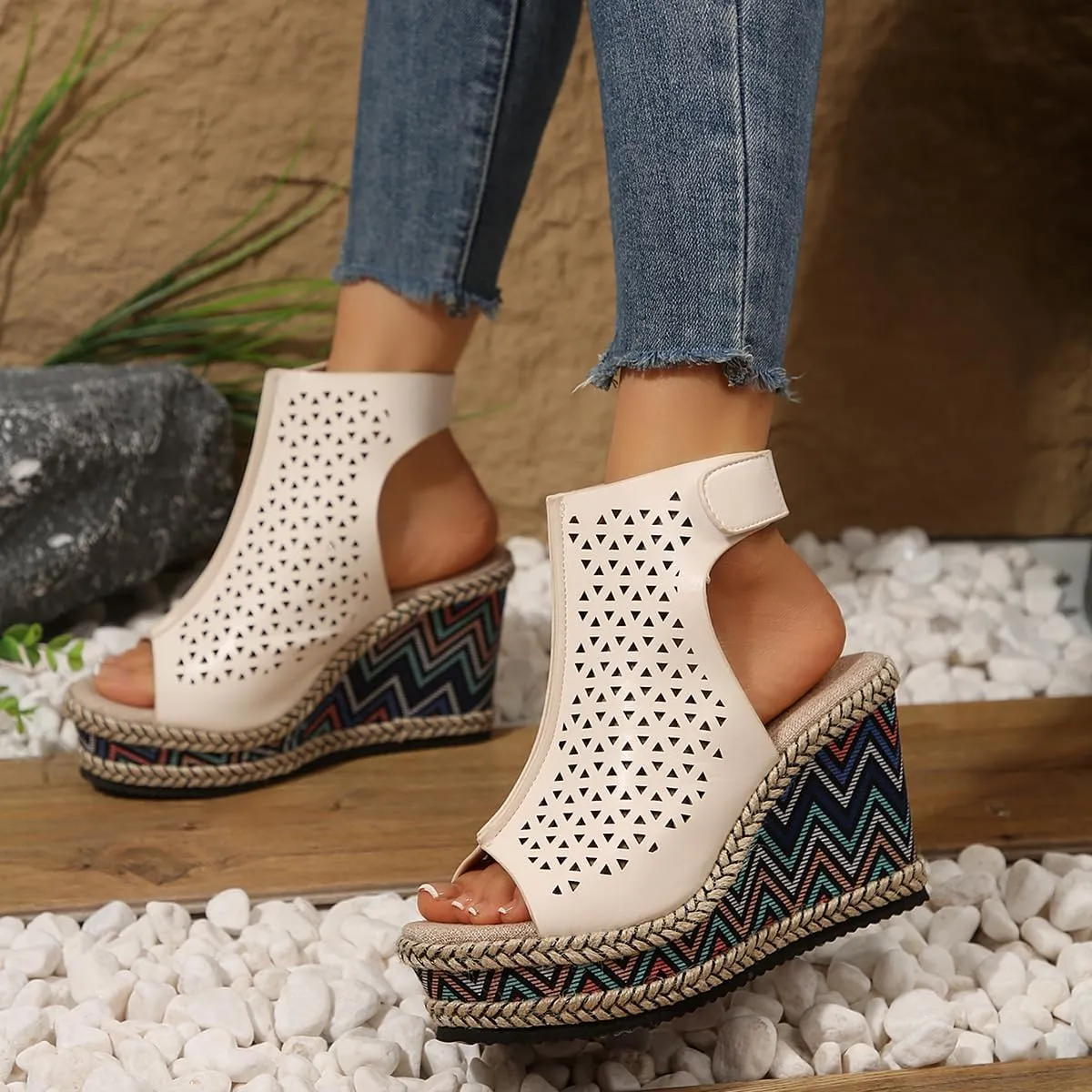 SACFOF Women's Cut Out Peep Toe Wedge Sandals Summer Slingback Ankle Booties Platform Wedge Heels Sandals