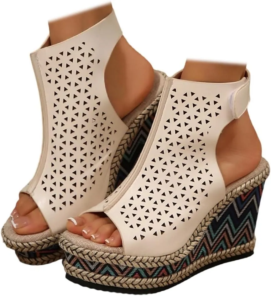 SACFOF Women's Cut Out Peep Toe Wedge Sandals Summer Slingback Ankle Booties Platform Wedge Heels Sandals