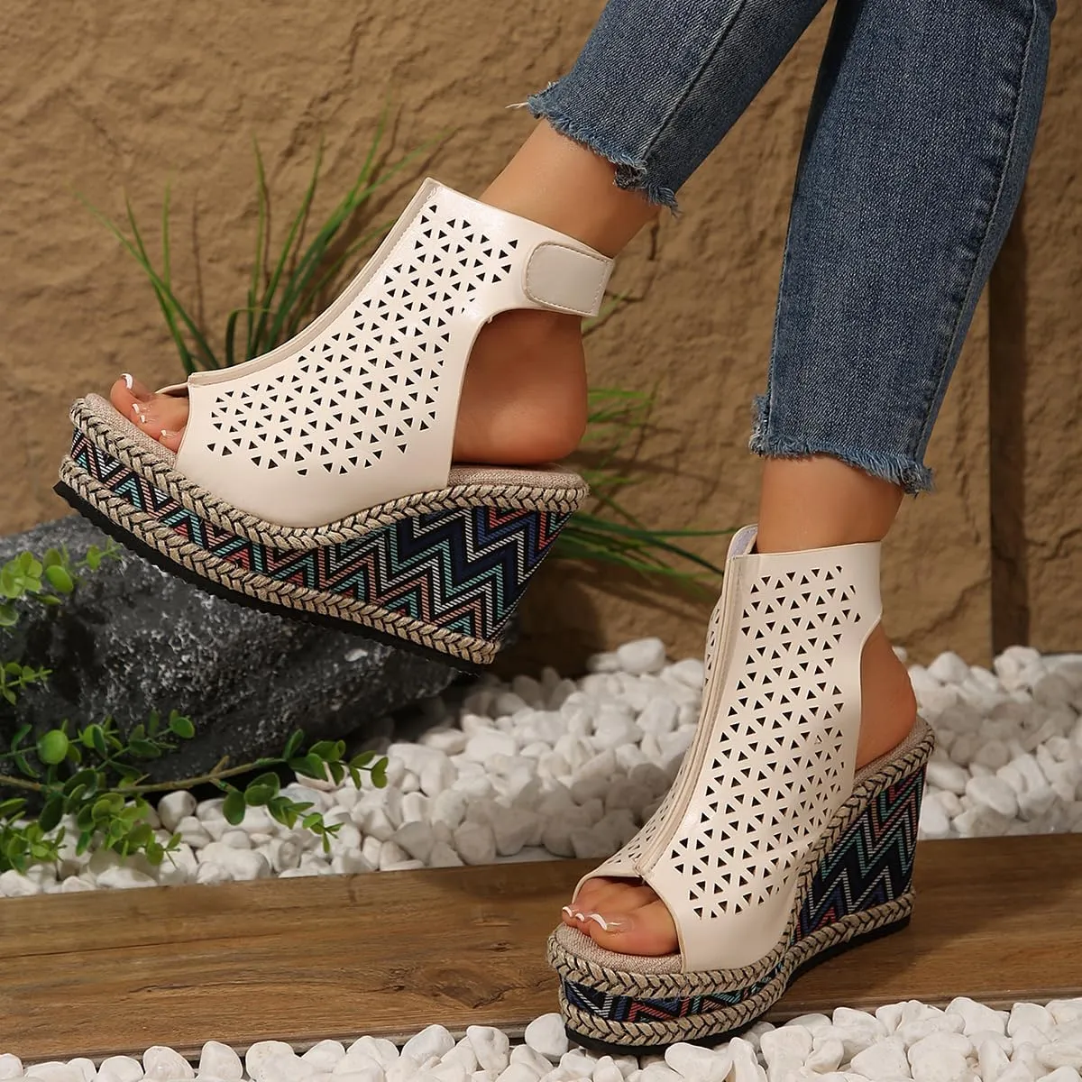 SACFOF Women's Cut Out Peep Toe Wedge Sandals Summer Slingback Ankle Booties Platform Wedge Heels Sandals