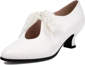 SACFOF Women's Lace Bow Heels Mary Jane Pumps Closed Toe Low Heels Ankle Strap Wedding Evening Party Dress Shoes