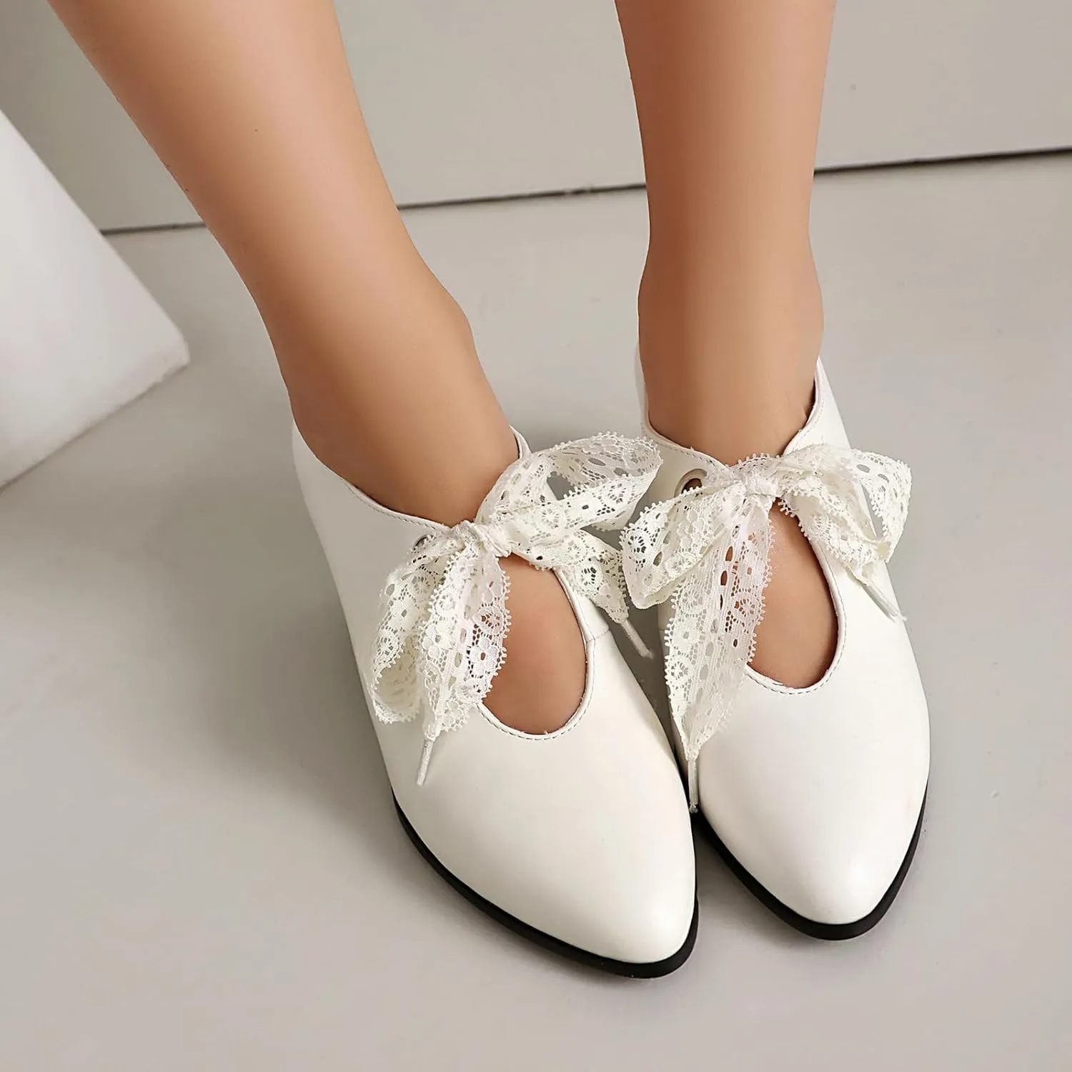 SACFOF Women's Lace Bow Heels Mary Jane Pumps Closed Toe Low Heels Ankle Strap Wedding Evening Party Dress Shoes