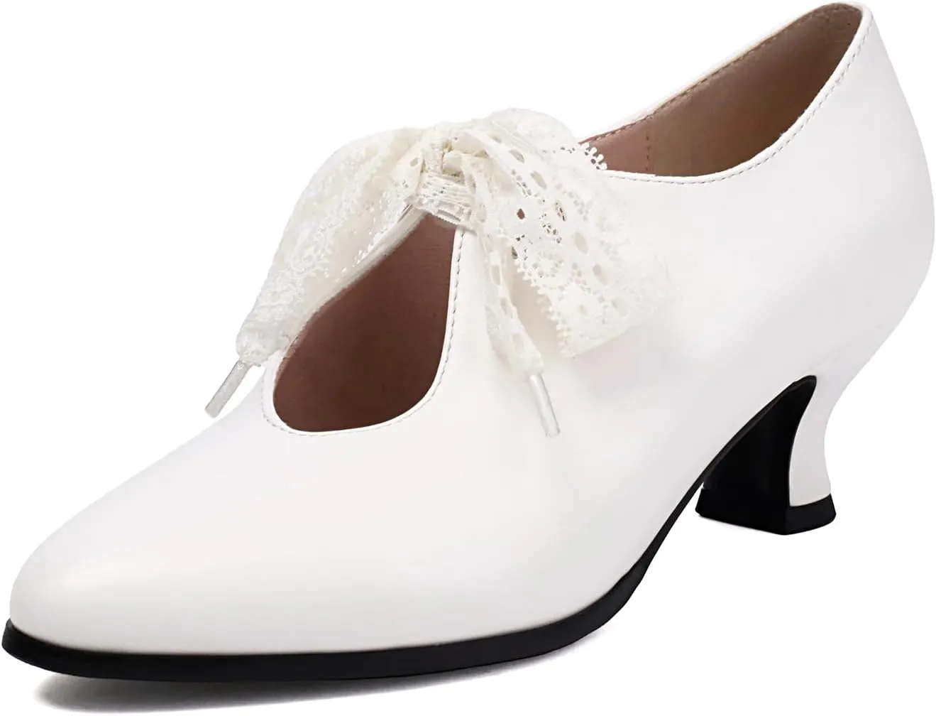 SACFOF Women's Lace Bow Heels Mary Jane Pumps Closed Toe Low Heels Ankle Strap Wedding Evening Party Dress Shoes