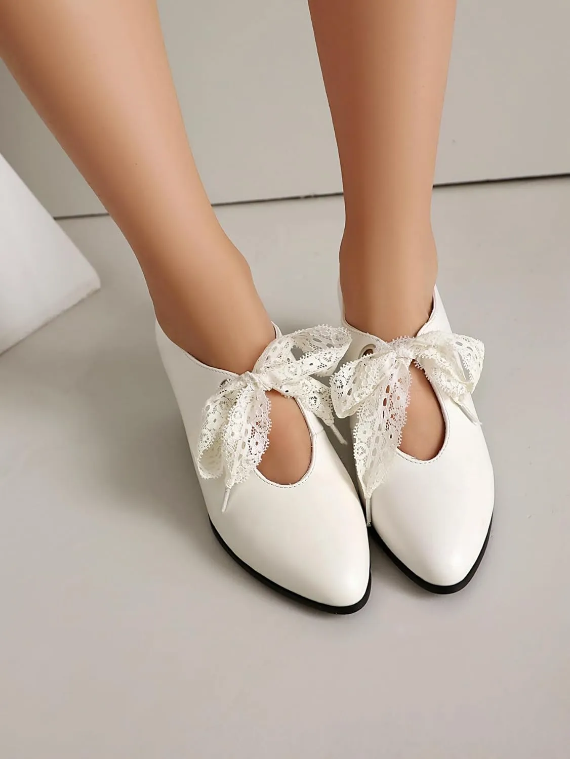 SACFOF Women's Lace Bow Heels Mary Jane Pumps Closed Toe Low Heels Ankle Strap Wedding Evening Party Dress Shoes