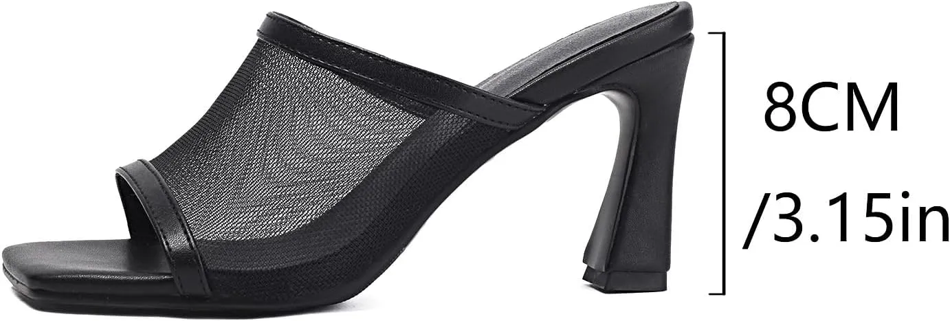 SACFOF Women's Mule Heels Chunky Kitten Heeled Sandals Mesh Square Toe Comfortable Mule Sandals Dress Pumps Shoes