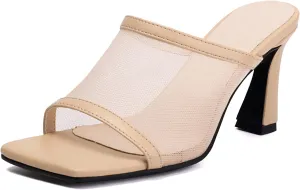 SACFOF Women's Mule Heels Chunky Kitten Heeled Sandals Mesh Square Toe Comfortable Mule Sandals Dress Pumps Shoes