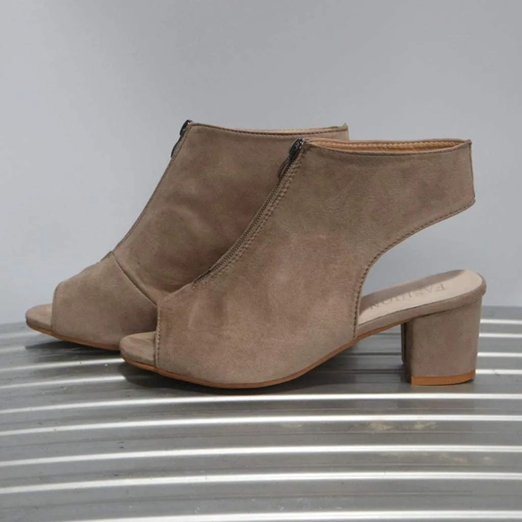 SACFOF Womens Open Toe Heel Sandals Summer Cutout Side Strap Zipper Chunky Heel Sandals Slip On Backless Ankle Booties