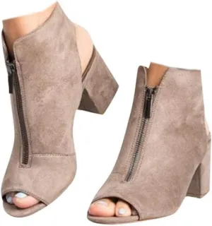 SACFOF Womens Open Toe Heel Sandals Summer Cutout Side Strap Zipper Chunky Heel Sandals Slip On Backless Ankle Booties