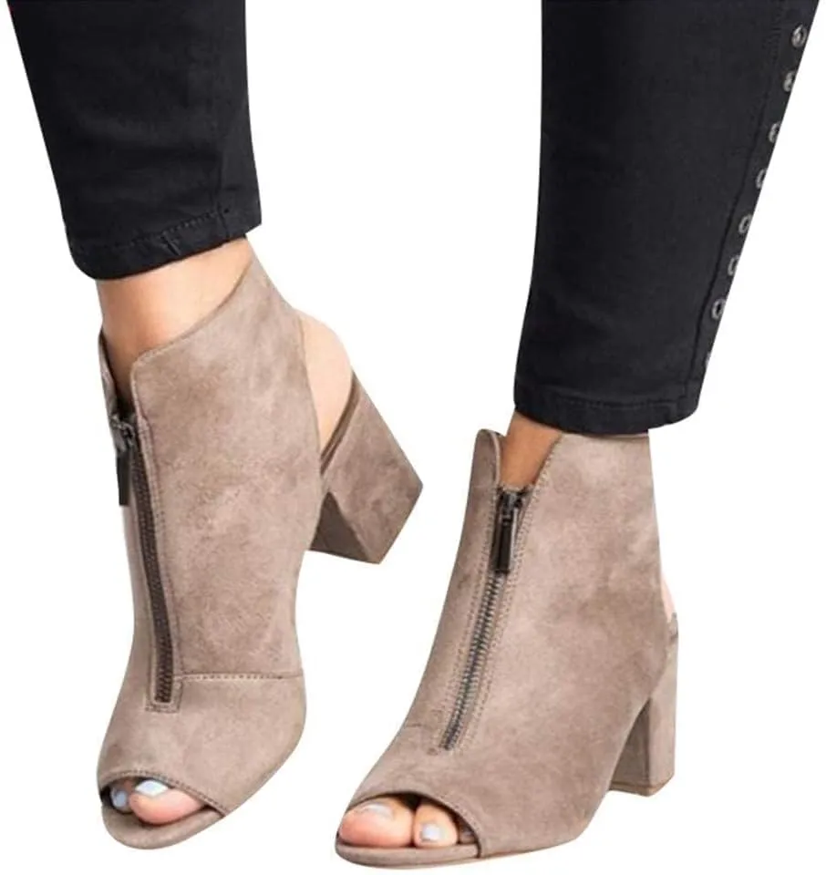 SACFOF Womens Open Toe Heel Sandals Summer Cutout Side Strap Zipper Chunky Heel Sandals Slip On Backless Ankle Booties