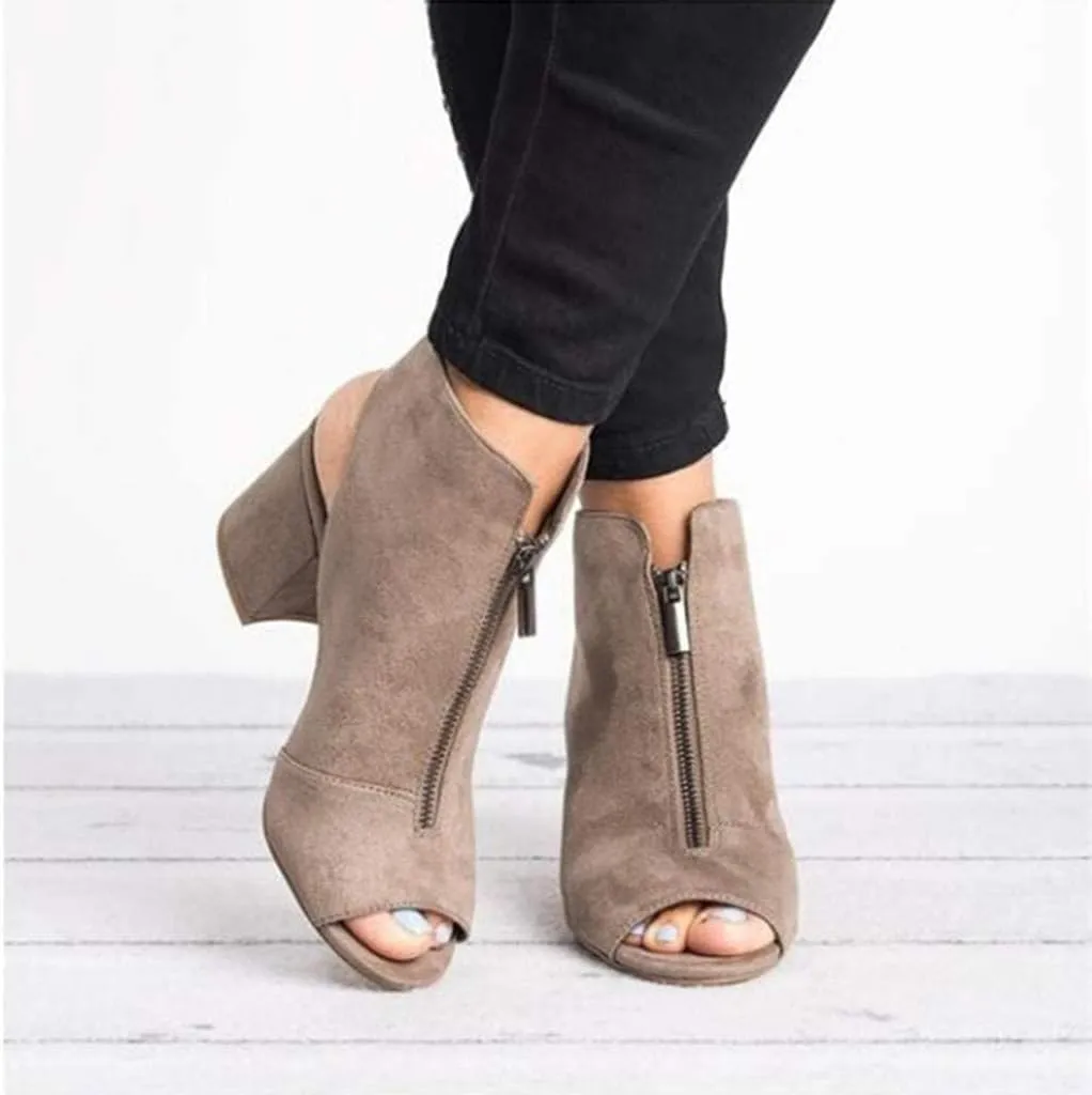 SACFOF Womens Open Toe Heel Sandals Summer Cutout Side Strap Zipper Chunky Heel Sandals Slip On Backless Ankle Booties