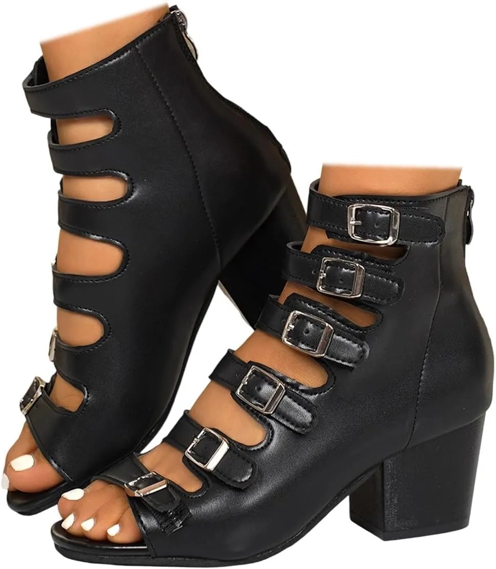 SACFOF Women's Peep Toe Chunky Heel Sandals Summer Side Cutout Ankle Strap Buckle Booties Outdoor Wedding Dress Sandals