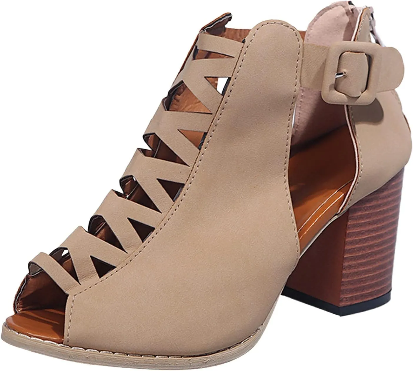SACFOF Womens Platform Cut Peep Toe Ankle Buckle Strap Zipper Back High Heel Sandals Mid Heels Party Dressy Booties