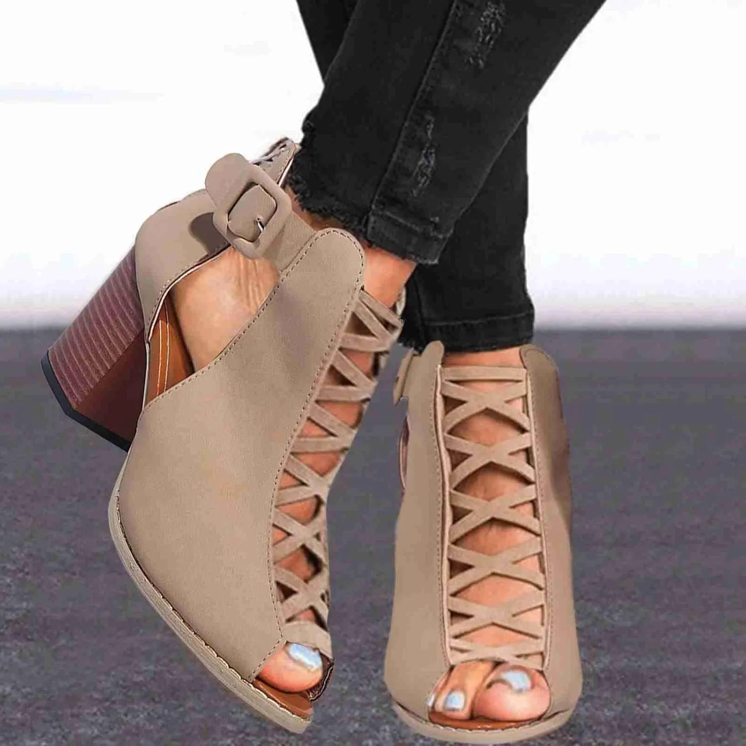 SACFOF Womens Platform Cut Peep Toe Ankle Buckle Strap Zipper Back High Heel Sandals Mid Heels Party Dressy Booties