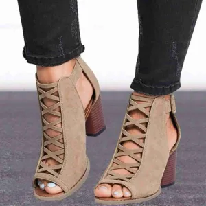 SACFOF Womens Platform Cut Peep Toe Ankle Buckle Strap Zipper Back High Heel Sandals Mid Heels Party Dressy Booties