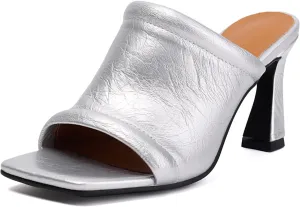 SACFOF Women's Square Open Toe Heels Sandals Low Block Chunky Heeled Sandal Slip on Mules Comfortable Dress Pumps Shoes
