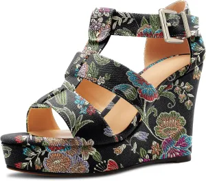 Saekcted Womens High Wedge Platform Heel Peep Open Toe Sandals Ankle Strap Party Gladiator Denim Summer 3.9 Inches Heels