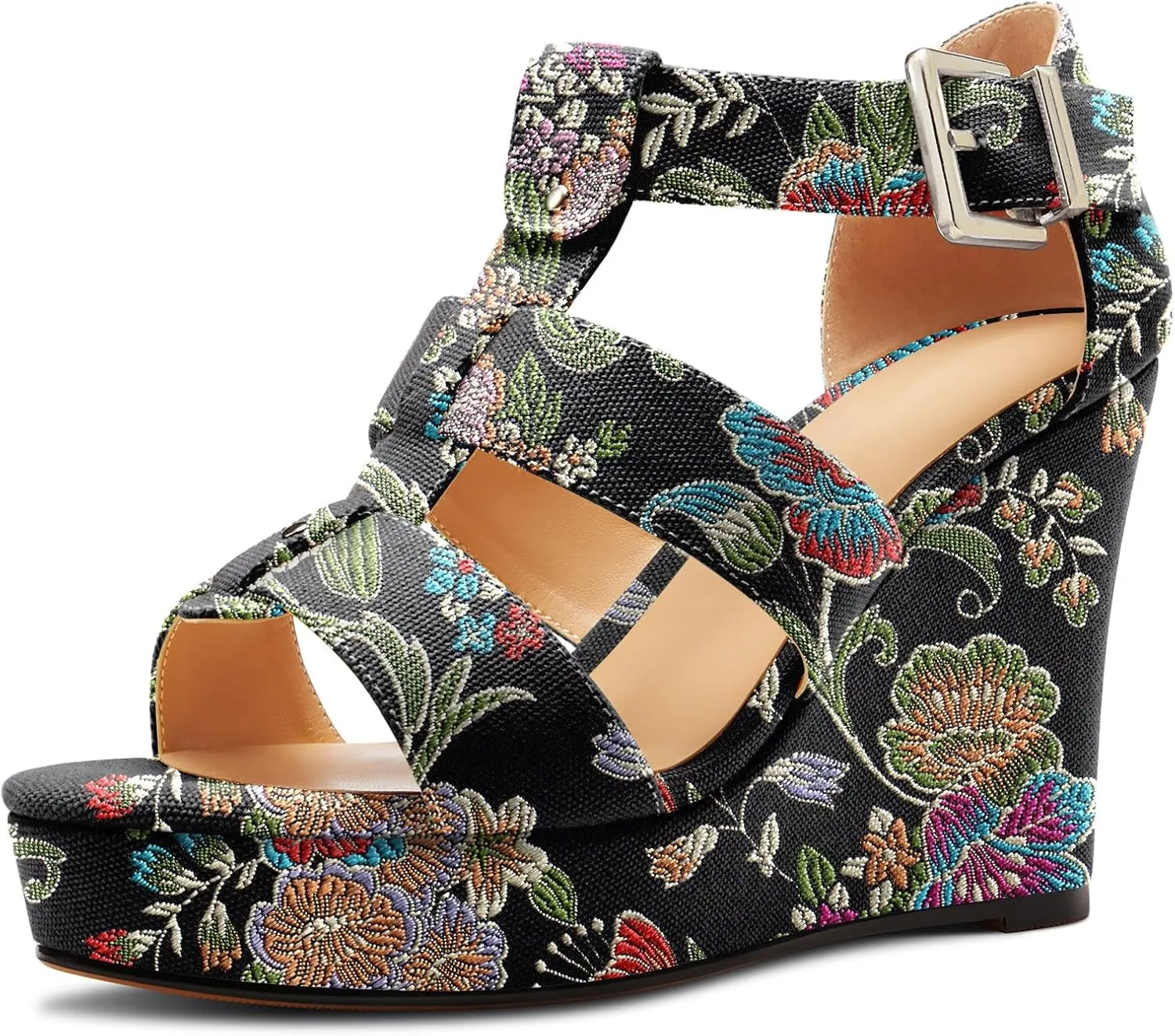 Saekcted Womens High Wedge Platform Heel Peep Open Toe Sandals Ankle Strap Party Gladiator Denim Summer 3.9 Inches Heels