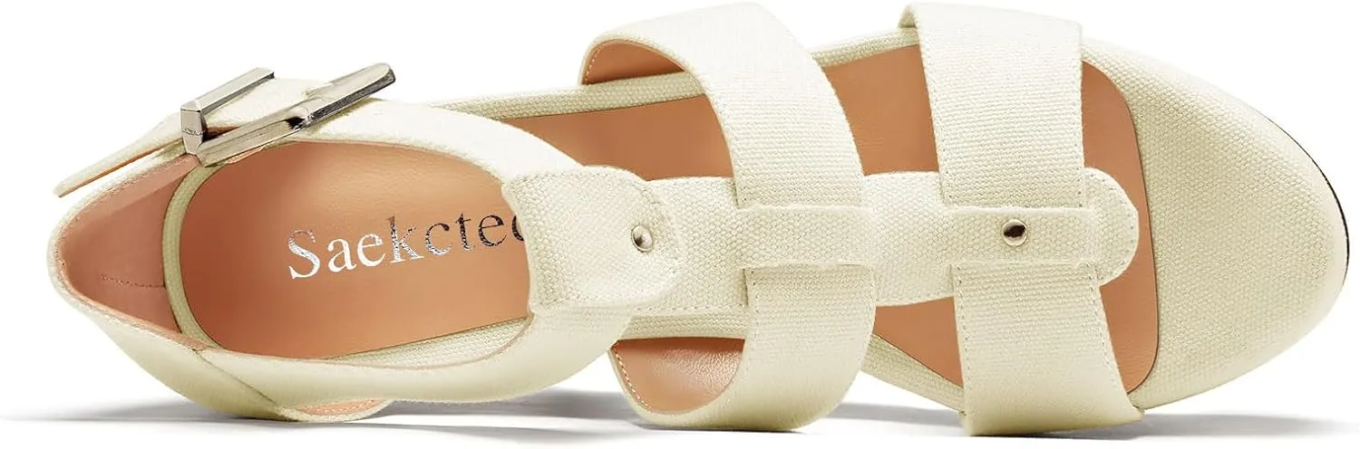 Saekcted Womens High Wedge Platform Heel Peep Open Toe Sandals Ankle Strap Party Gladiator Denim Summer 3.9 Inches Heels