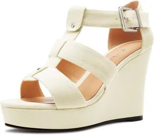 Saekcted Womens High Wedge Platform Heel Peep Open Toe Sandals Ankle Strap Party Gladiator Denim Summer 3.9 Inches Heels