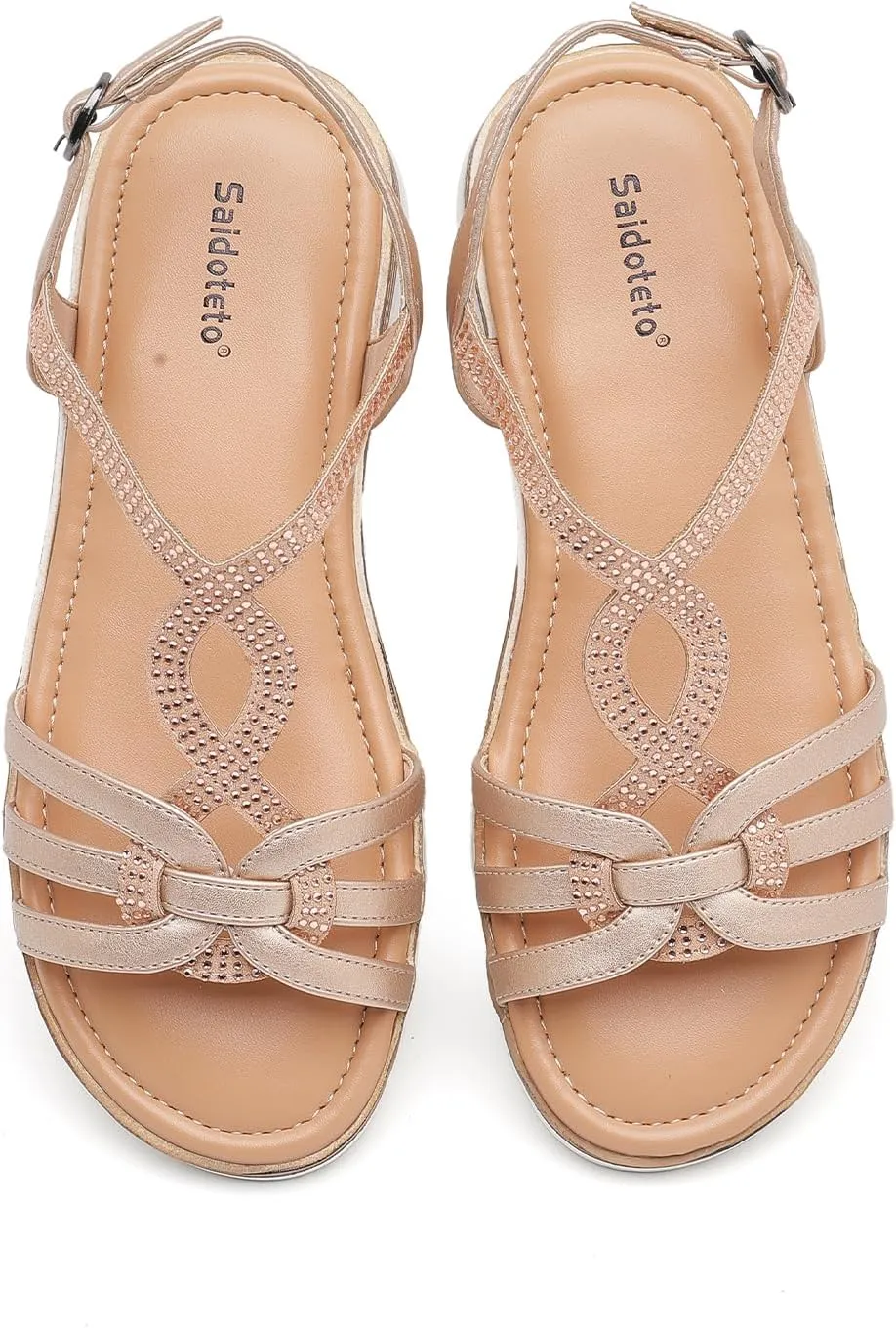 Saidoteto Women's Wide Width Flat Sandals,Casual Open Toe Strappy Slip-on Summer Dressy Sandals with Sparkling Rhinestones