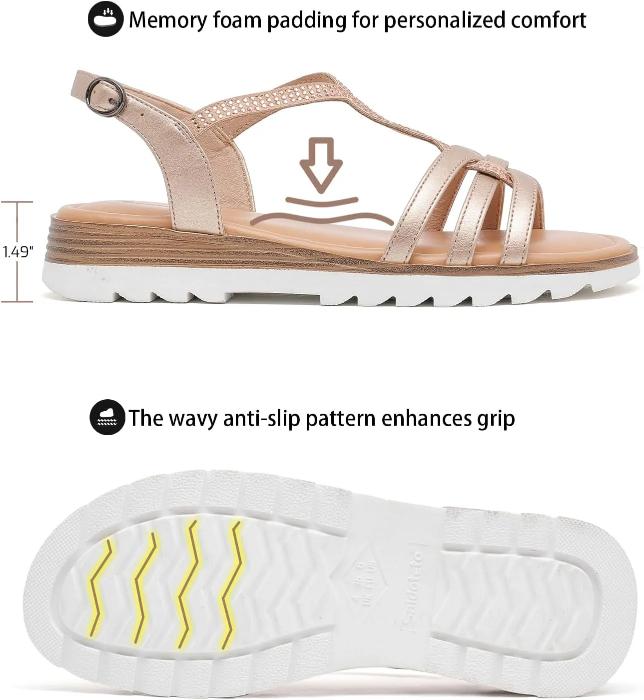 Saidoteto Women's Wide Width Flat Sandals,Casual Open Toe Strappy Slip-on Summer Dressy Sandals with Sparkling Rhinestones