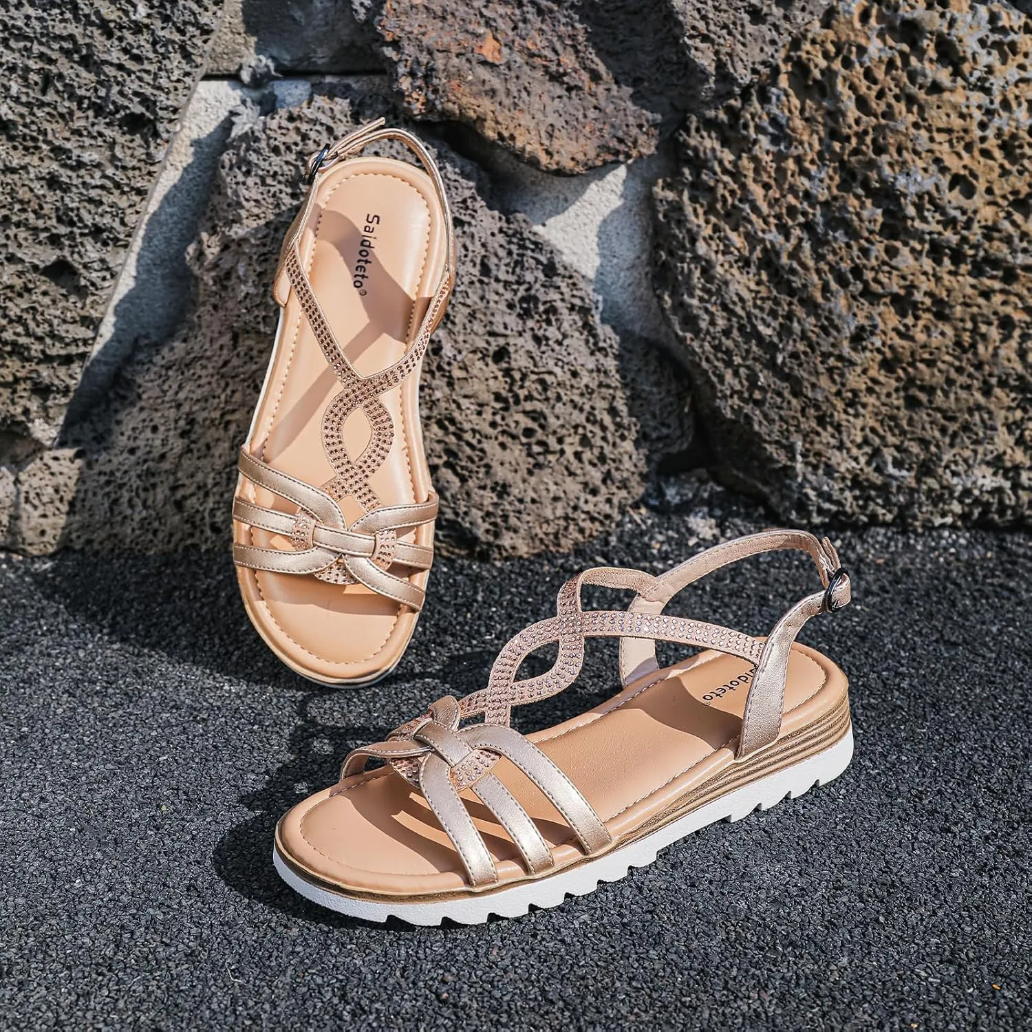 Saidoteto Women's Wide Width Flat Sandals,Casual Open Toe Strappy Slip-on Summer Dressy Sandals with Sparkling Rhinestones