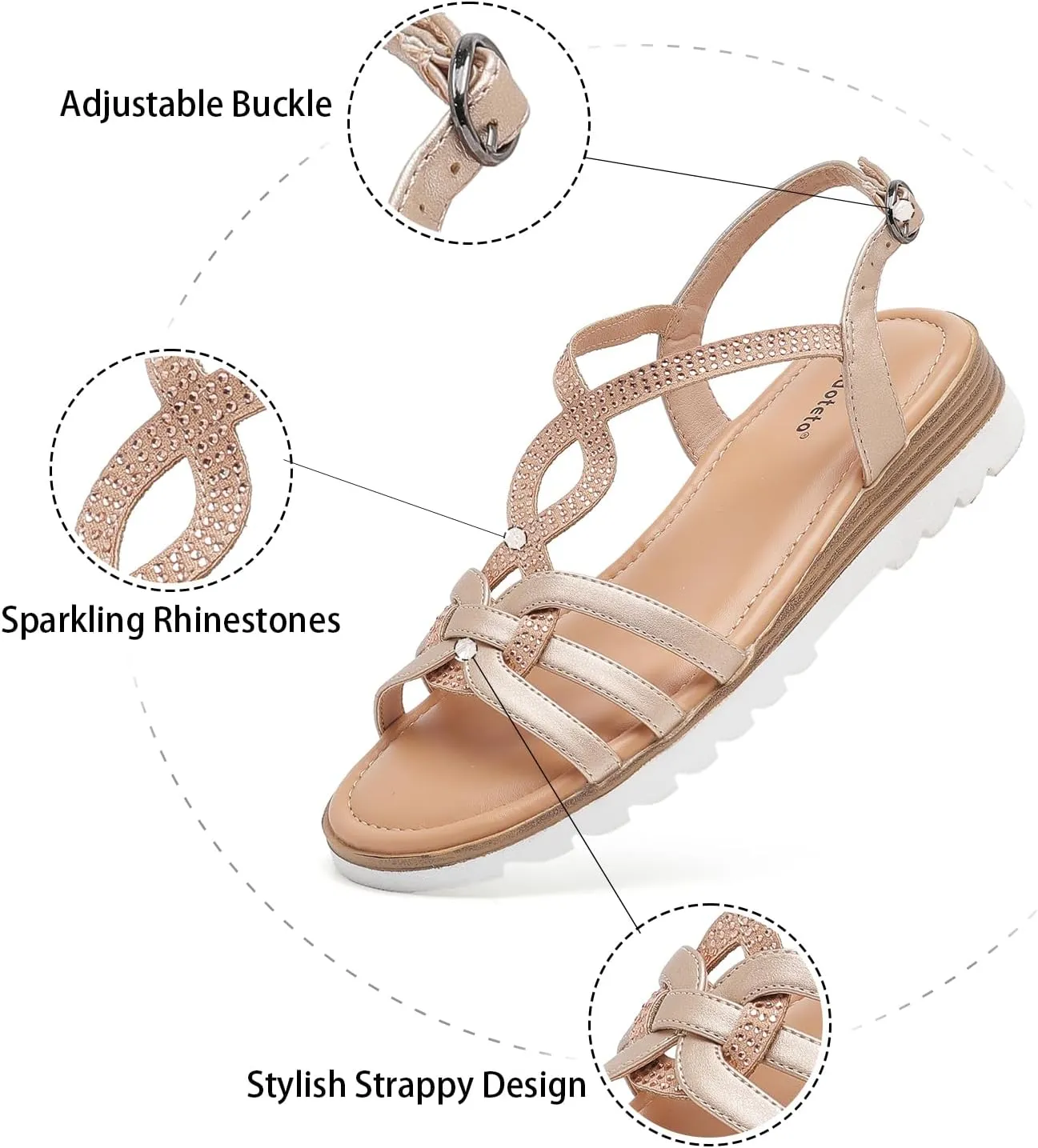 Saidoteto Women's Wide Width Flat Sandals,Casual Open Toe Strappy Slip-on Summer Dressy Sandals with Sparkling Rhinestones