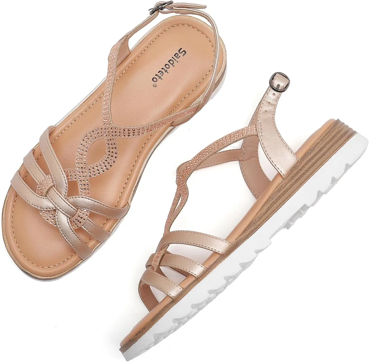 Saidoteto Women's Wide Width Flat Sandals,Casual Open Toe Strappy Slip-on Summer Dressy Sandals with Sparkling Rhinestones