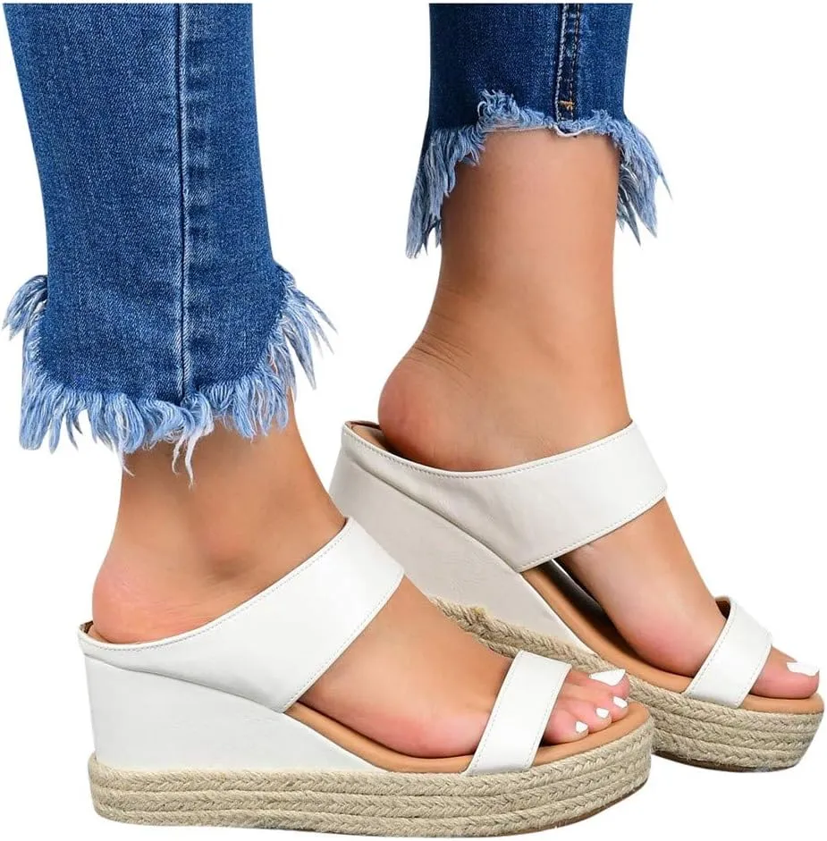 Sandals for Women Dressy Summer, Womens Wedge Sandals Leather Slip on Platform Sandal Comfortable Beach Flats Shoes