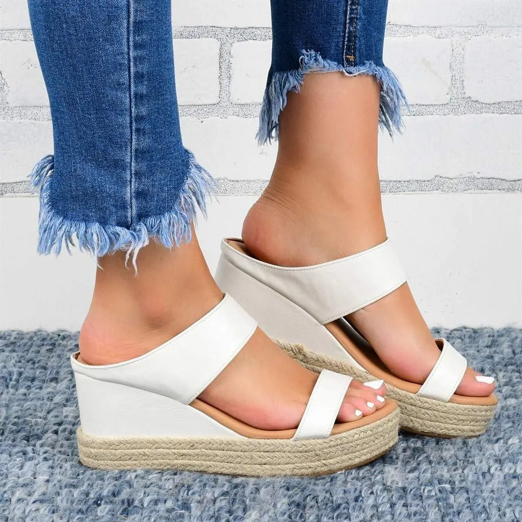 Sandals for Women Dressy Summer, Womens Wedge Sandals Leather Slip on Platform Sandal Comfortable Beach Flats Shoes