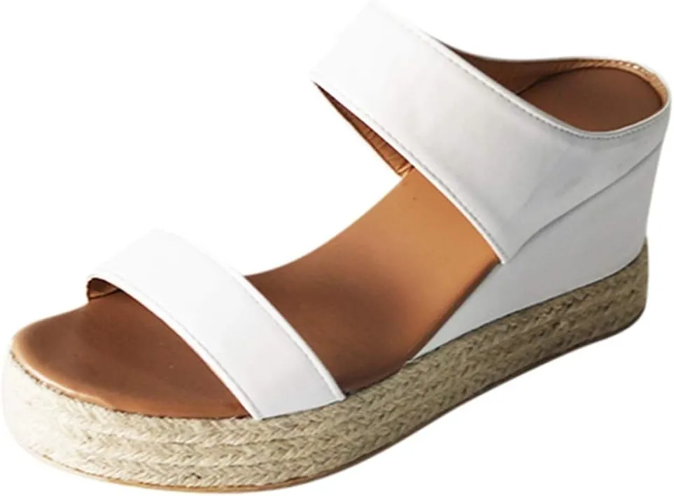 Sandals for Women Dressy Summer, Womens Wedge Sandals Leather Slip on Platform Sandal Comfortable Beach Flats Shoes