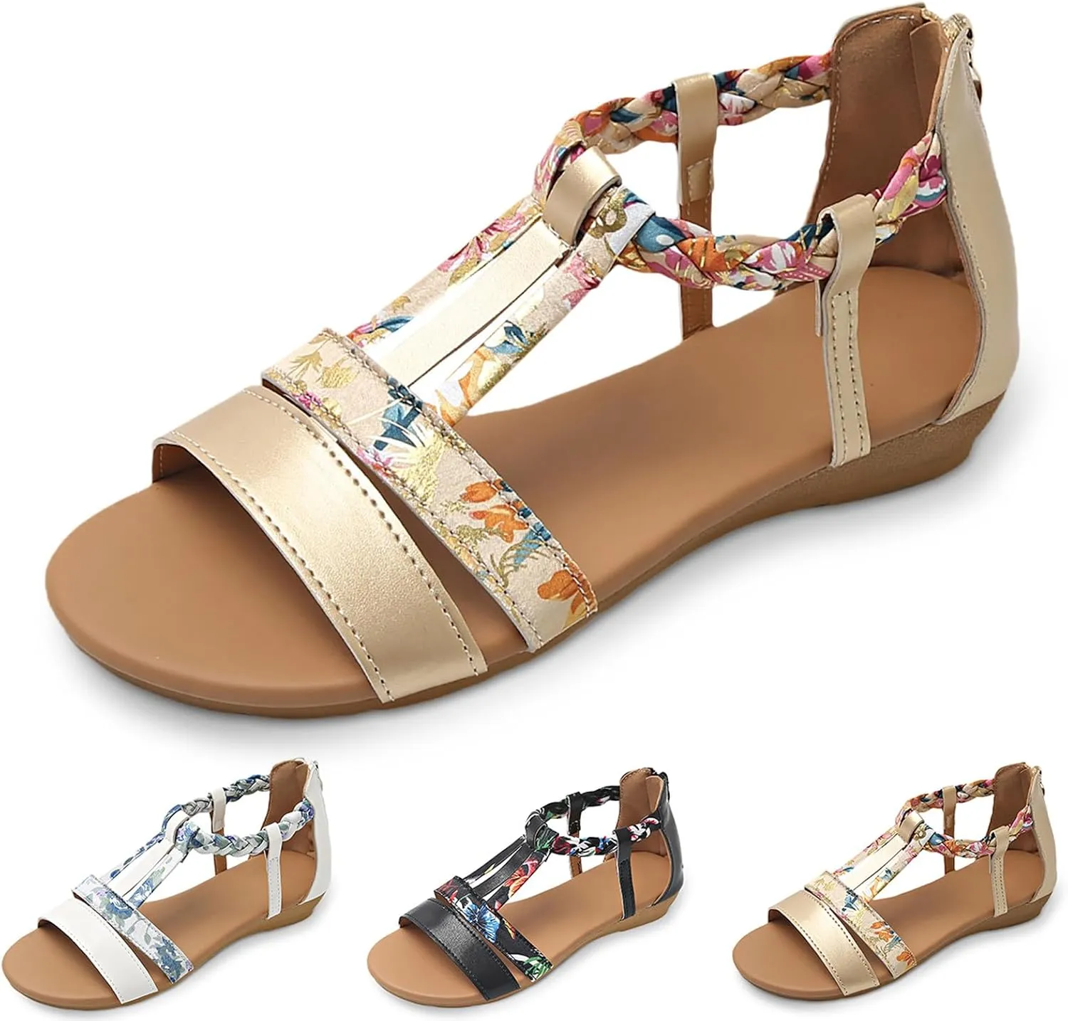 Sandals for Women Trendy Wide Width Sandals Dressy Strappy Flat Sandals Summer Beach Sandal Open Toe Breathable Shoes