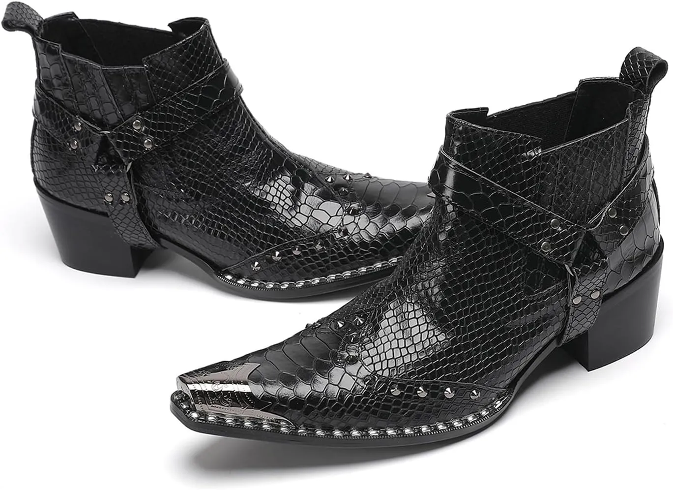 Santimon Chelsea Boots White Dress for Men Prom Casual Genuine Leather Pull Up Belt Buckle Metal Tip Ankle Boots Mens Fashion Tuxedo Wedding Ballroom Party Disco Western Cowboy Boots for Men