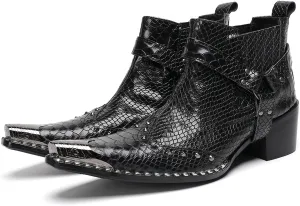 Santimon Chelsea Boots White Dress for Men Prom Casual Genuine Leather Pull Up Belt Buckle Metal Tip Ankle Boots Mens Fashion Tuxedo Wedding Ballroom Party Disco Western Cowboy Boots for Men