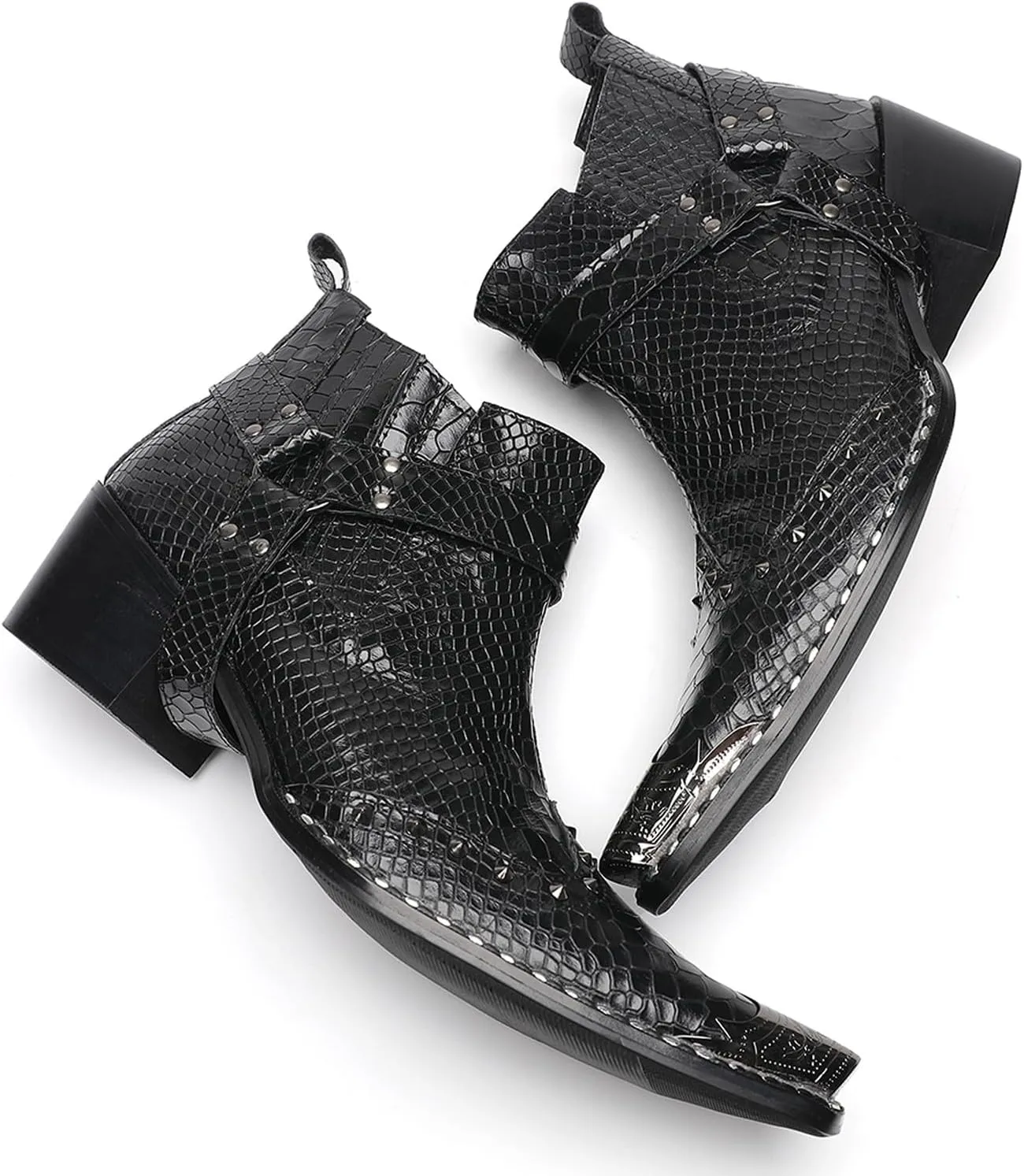 Santimon Chelsea Boots White Dress for Men Prom Casual Genuine Leather Pull Up Belt Buckle Metal Tip Ankle Boots Mens Fashion Tuxedo Wedding Ballroom Party Disco Western Cowboy Boots for Men