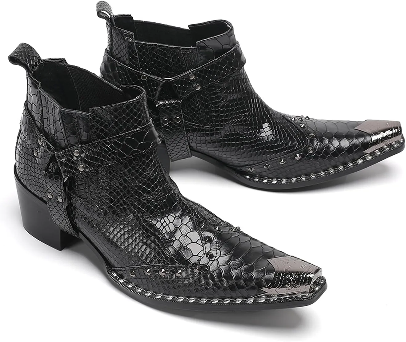 Santimon Chelsea Boots White Dress for Men Prom Casual Genuine Leather Pull Up Belt Buckle Metal Tip Ankle Boots Mens Fashion Tuxedo Wedding Ballroom Party Disco Western Cowboy Boots for Men