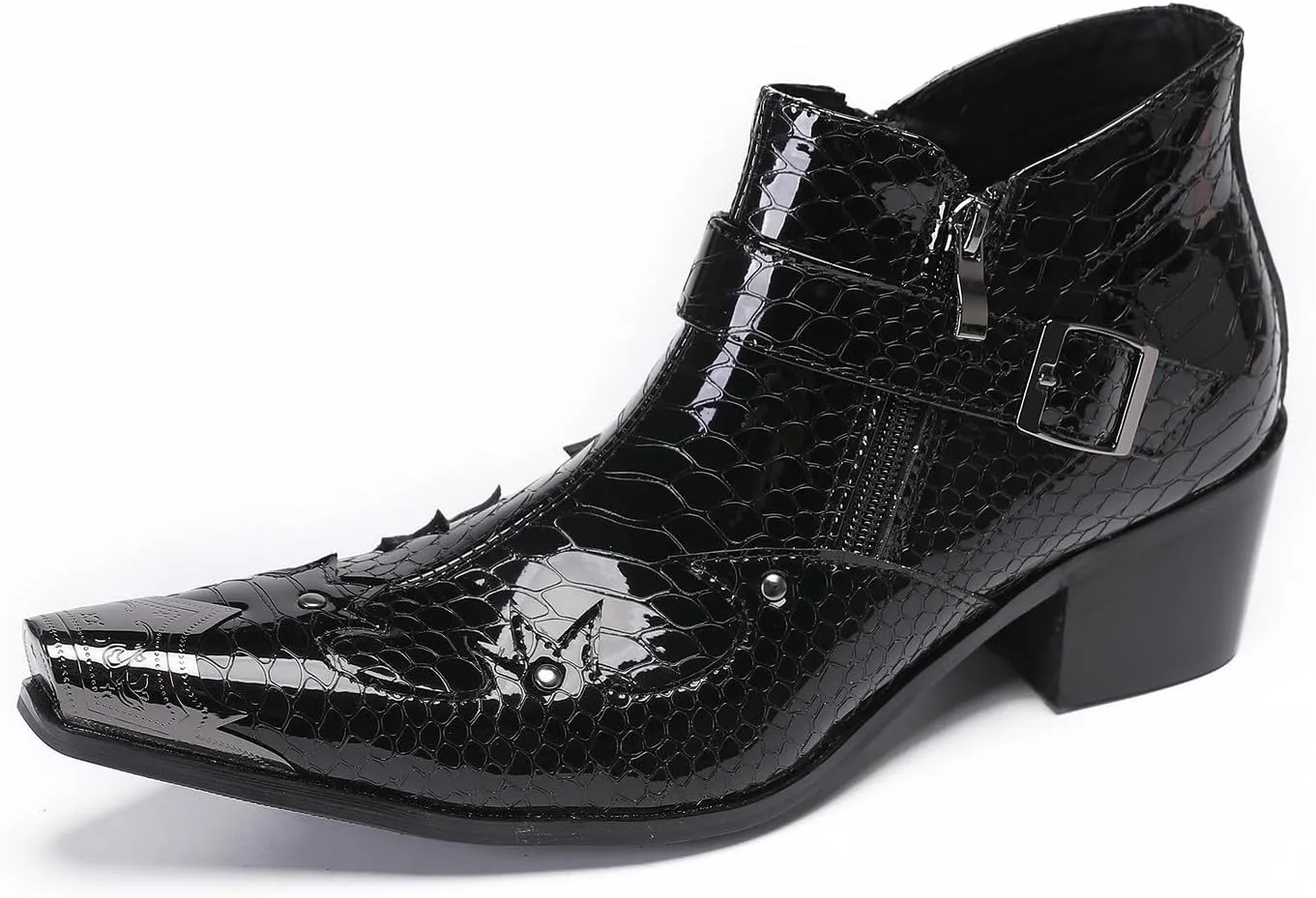 Santimon Mens Ankle Chelsea Boots Casual Dress Rock Party Western Snakeskin Texture Chukka Boots Metal Wingtip Leather Double Zipper Singer Cowboy Boots for Men Boy