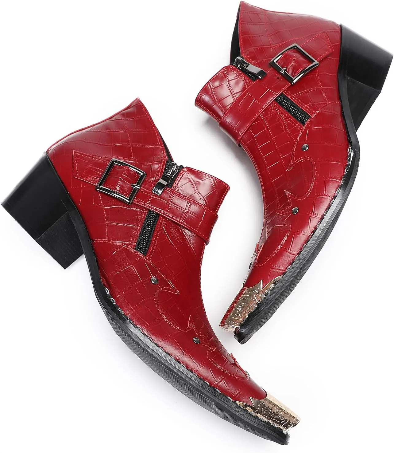 Santimon Mens Ankle Chelsea Boots Casual Dress Rock Party Western Snakeskin Texture Chukka Boots Metal Wingtip Leather Double Zipper Singer Cowboy Boots for Men Boy