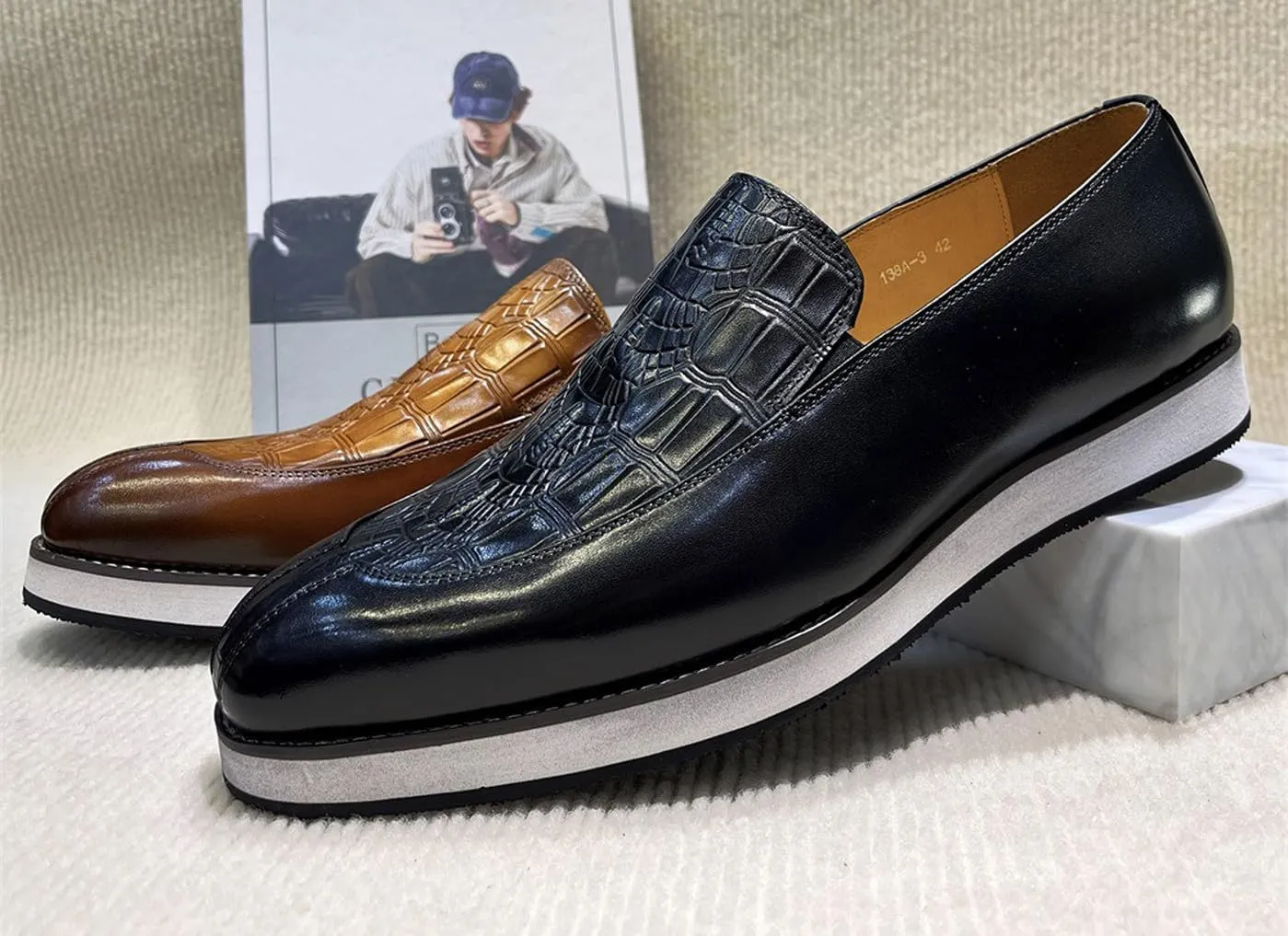 Santimon Men’s Crocodile-Embossed Leather Loafers | Slip-On Dress Shoes | Luxury Business-Casual Comfort Footwear for Office, Party & Wedding