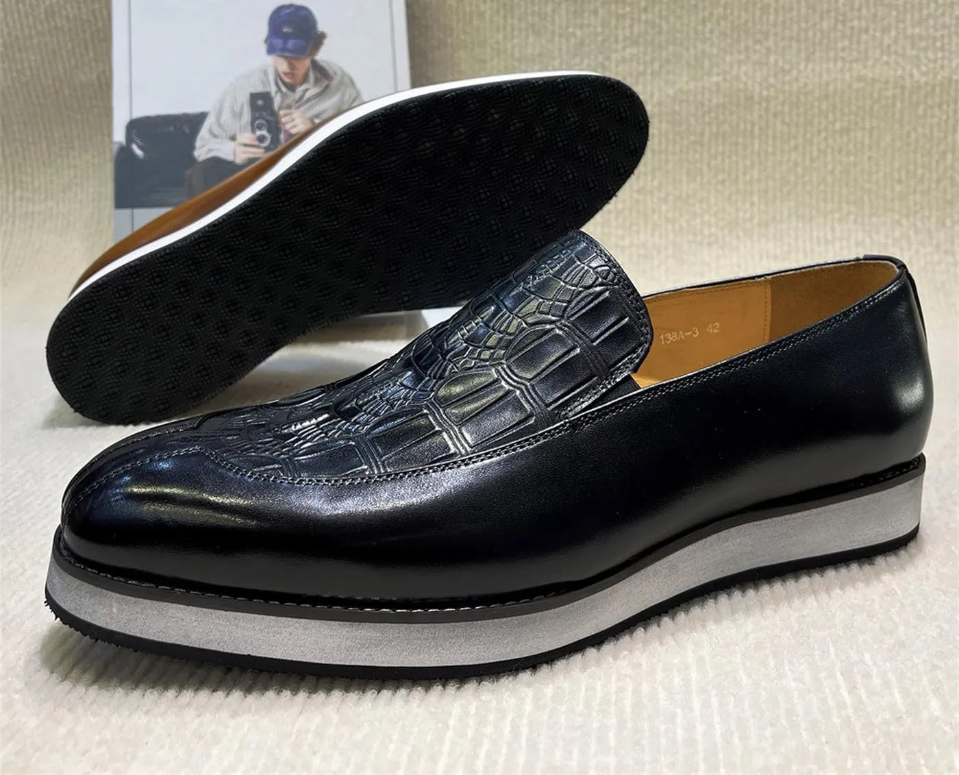 Santimon Men’s Crocodile-Embossed Leather Loafers | Slip-On Dress Shoes | Luxury Business-Casual Comfort Footwear for Office, Party & Wedding