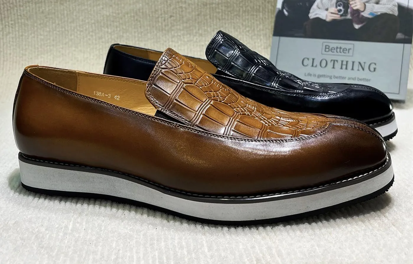 Santimon Men’s Crocodile-Embossed Leather Loafers | Slip-On Dress Shoes | Luxury Business-Casual Comfort Footwear for Office, Party & Wedding