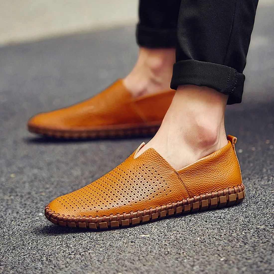 Santimon Men's Leather Espadrille Slip-On Plain Toe Casual Breathable Shoes