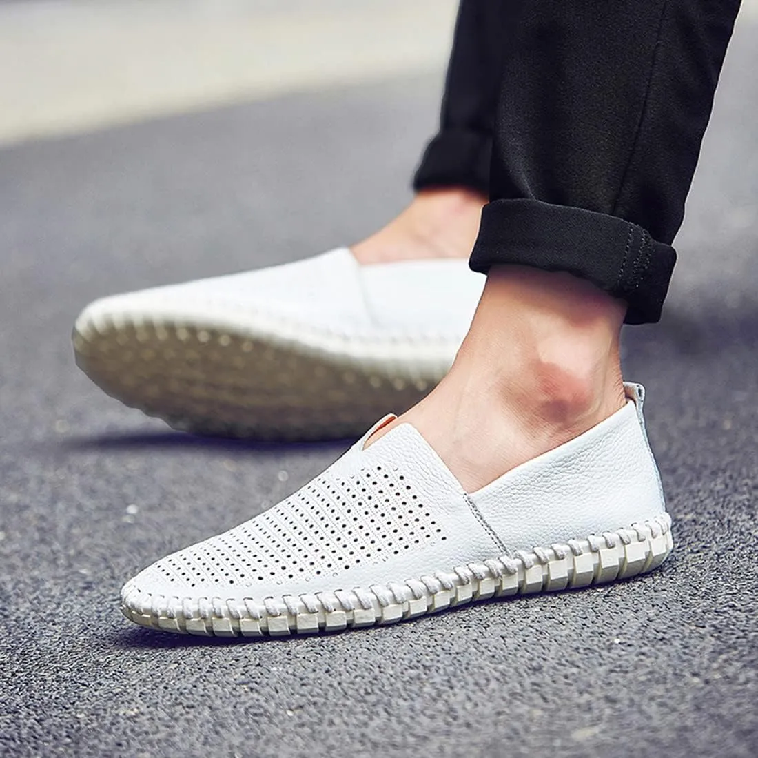 Santimon Men's Leather Espadrille Slip-On Plain Toe Casual Breathable Shoes