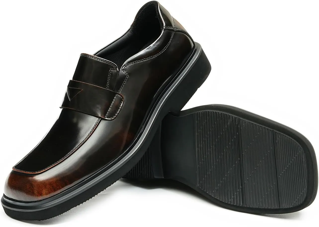 Santimon Mens Loafers Formal Dress Slip On Genuine Leather Penny Loafers Fashion Prom Wedding Business Casual Shoes Comfortable Wide Square Toe Mocasines