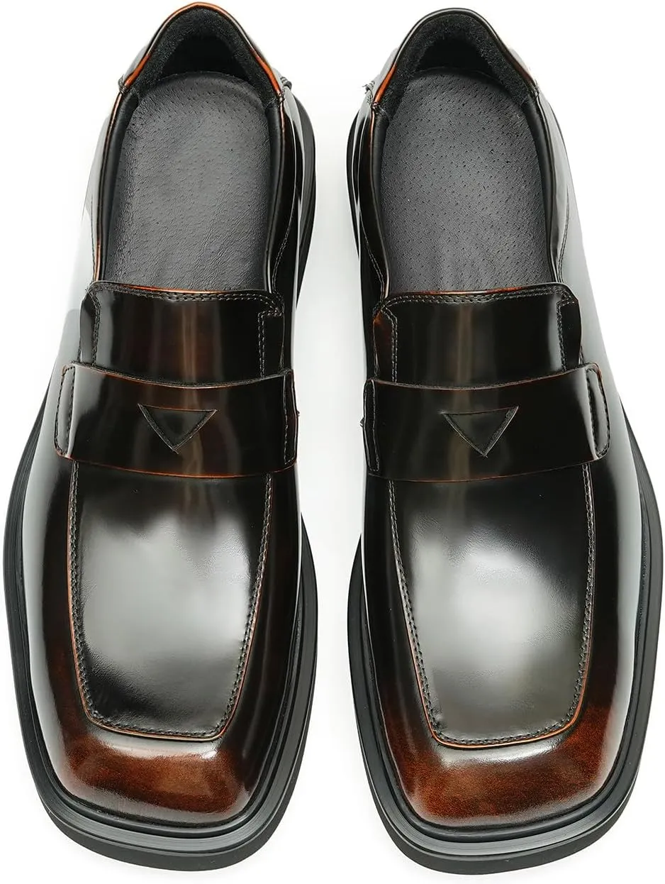 Santimon Mens Loafers Formal Dress Slip On Genuine Leather Penny Loafers Fashion Prom Wedding Business Casual Shoes Comfortable Wide Square Toe Mocasines