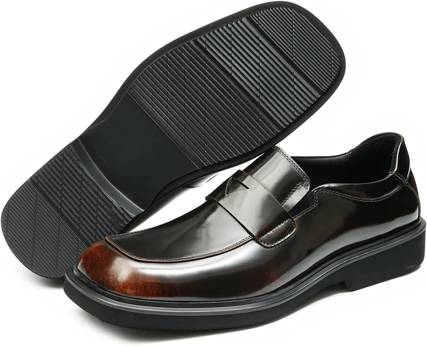 Santimon Mens Loafers Formal Dress Slip On Genuine Leather Penny Loafers Fashion Prom Wedding Business Casual Shoes Comfortable Wide Square Toe Mocasines