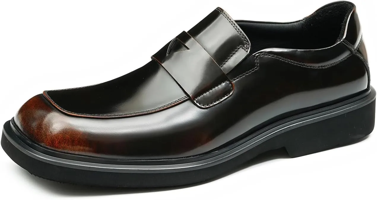 Santimon Mens Loafers Formal Dress Slip On Genuine Leather Penny Loafers Fashion Prom Wedding Business Casual Shoes Comfortable Wide Square Toe Mocasines