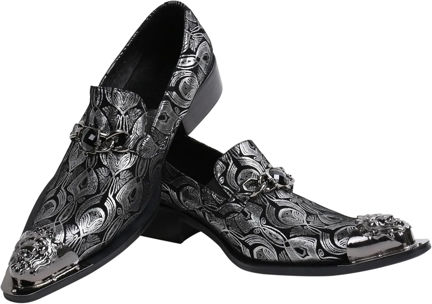Santimon Mens Loafers Pointed Toe Leather Fashion Buckle Rhinestone Metal Tip Western Dress Shoes